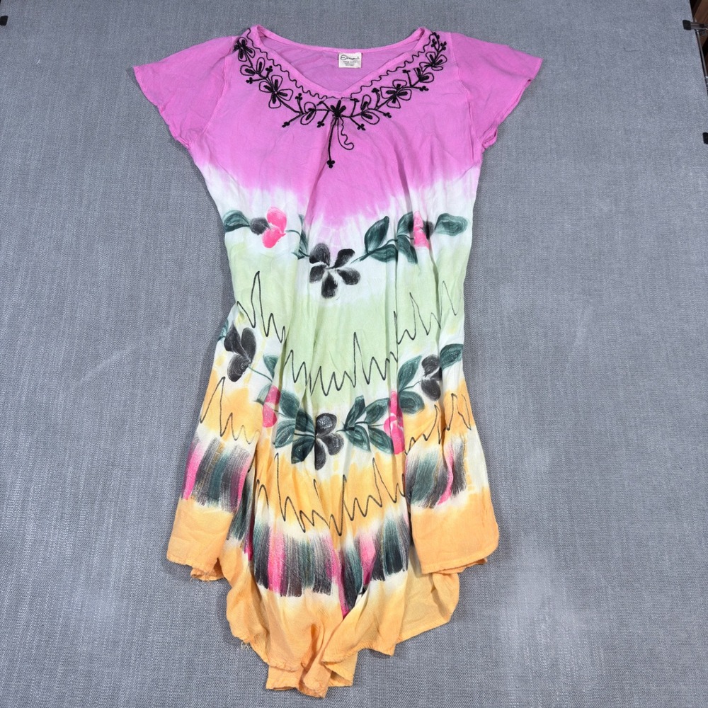 Exotic One Size Pink Tie Dye Floral Hand Painted Embroidered Tunic Dress Boho